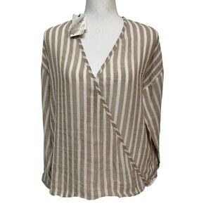 TALORI Blouse Gauze Striped Draped Long Sleeve SZ Small Tan/White NEW WITH TAGS